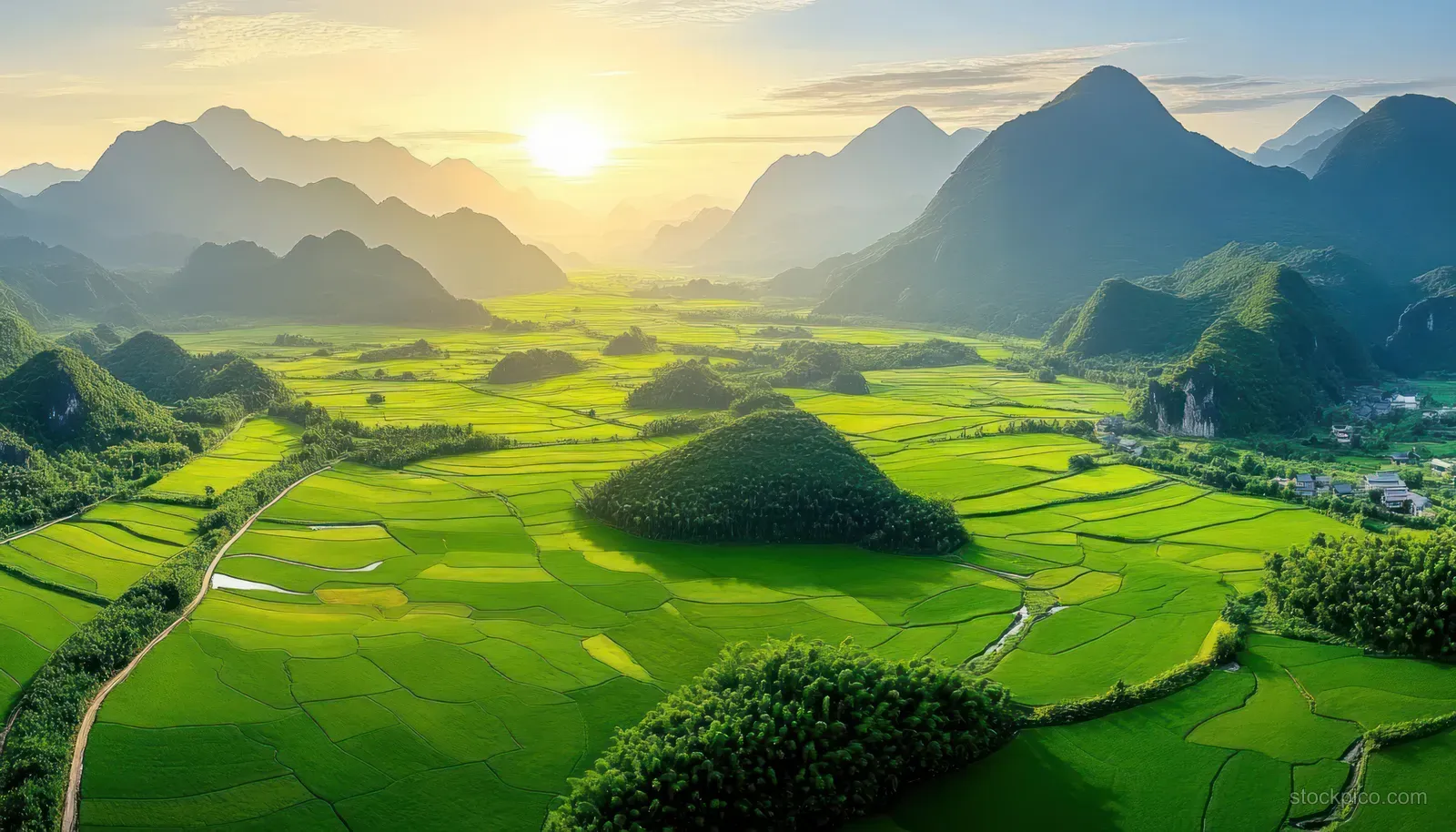 Aerial sunrise view of bright green rice terraces and a winding river flowing between forested mountains.