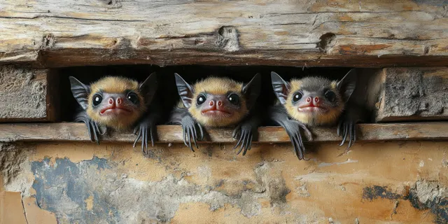 Three small bats peek out from a dark crevice between rustic wooden beams on a weathered wall.