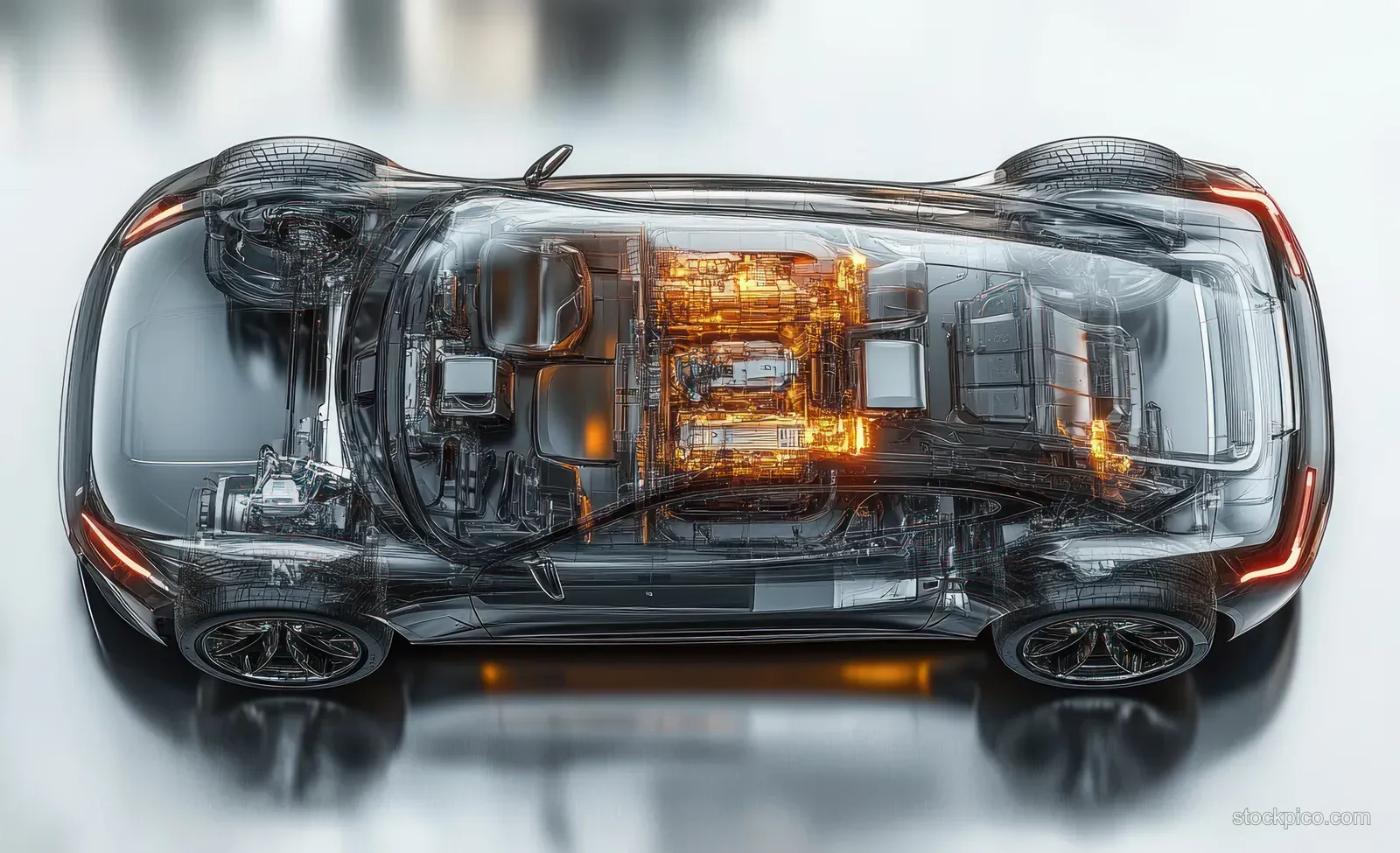 Top view transparent cutaway of a futuristic car revealing glowing internal components beneath reflective body panels.