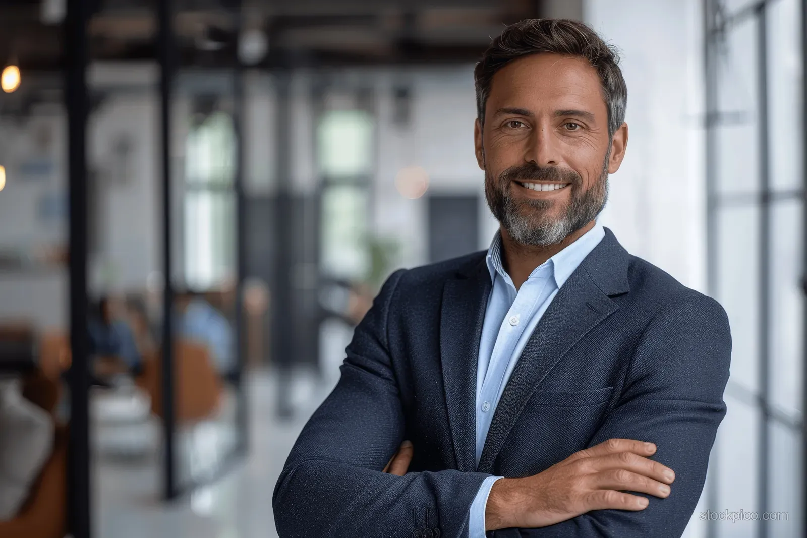 Smiling businessman in a dark suit stands in a bright modern office atrium with arms crossed.