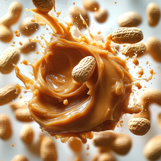 Creamy peanut butter splashes outward with whole unshelled peanuts suspended midair in a close-up macro scene.
