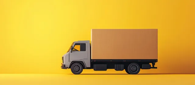 A small delivery truck carries a large cardboard box on a bright yellow background with soft shadows.