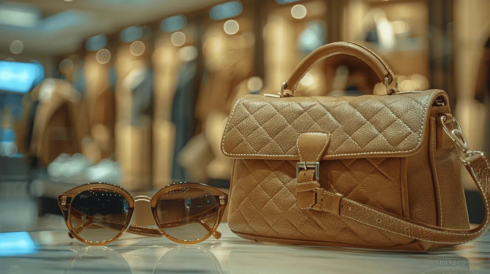 A beige quilted handbag and sunglasses rest on a boutique counter with blurred clothing racks in the background.