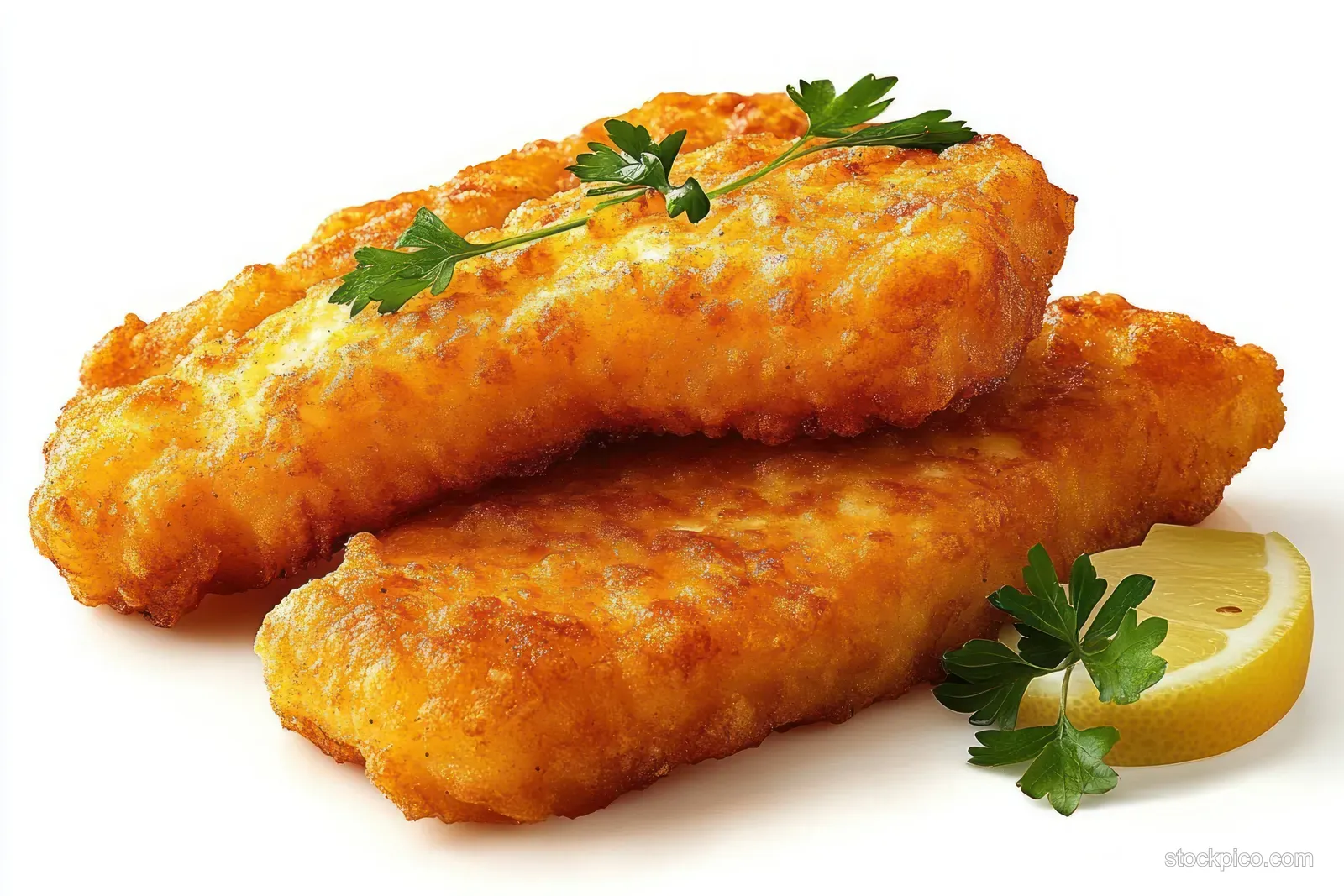 Two golden crispy fried fish fillets with fresh parsley and a lemon wedge on a white background.