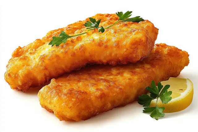 Two golden crispy fried fish fillets with fresh parsley and a lemon wedge on a white background.