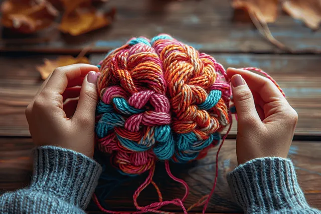 Hands knit a multicolored brain-shaped yarn ball while loose threads hang over a rustic wooden tabletop.