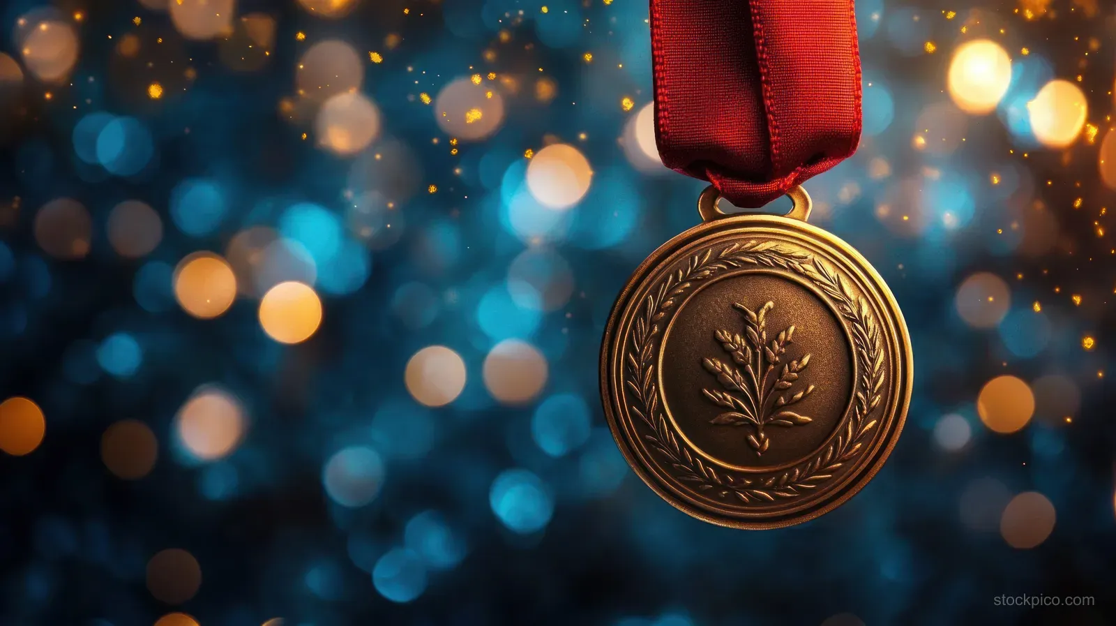 Gold laurel medal on a red ribbon hanging above blue and orange bokeh lights.
