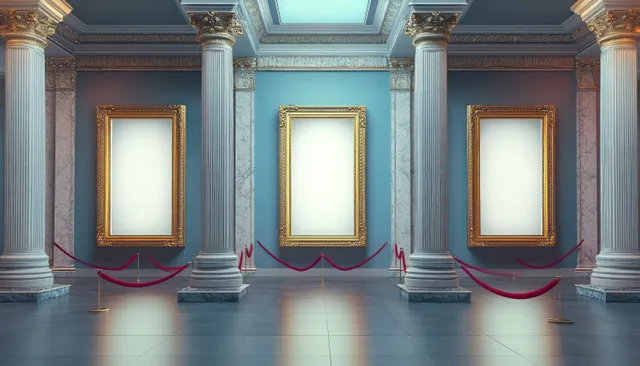 Empty picture frames hang in a grand museum hallway beside ornate columns and red rope barriers.