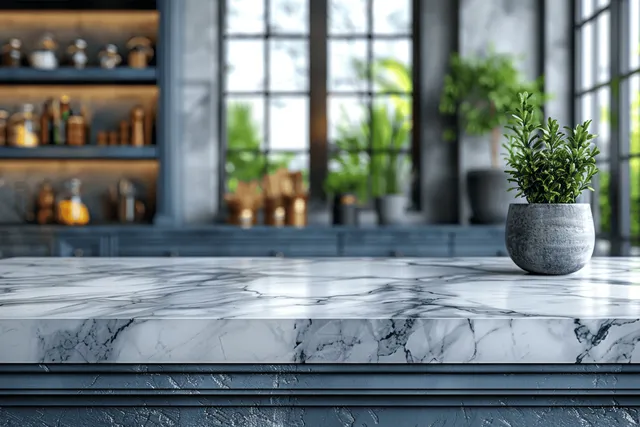 Marble kitchen countertop with potted herb plant by sunlit window and open shelf