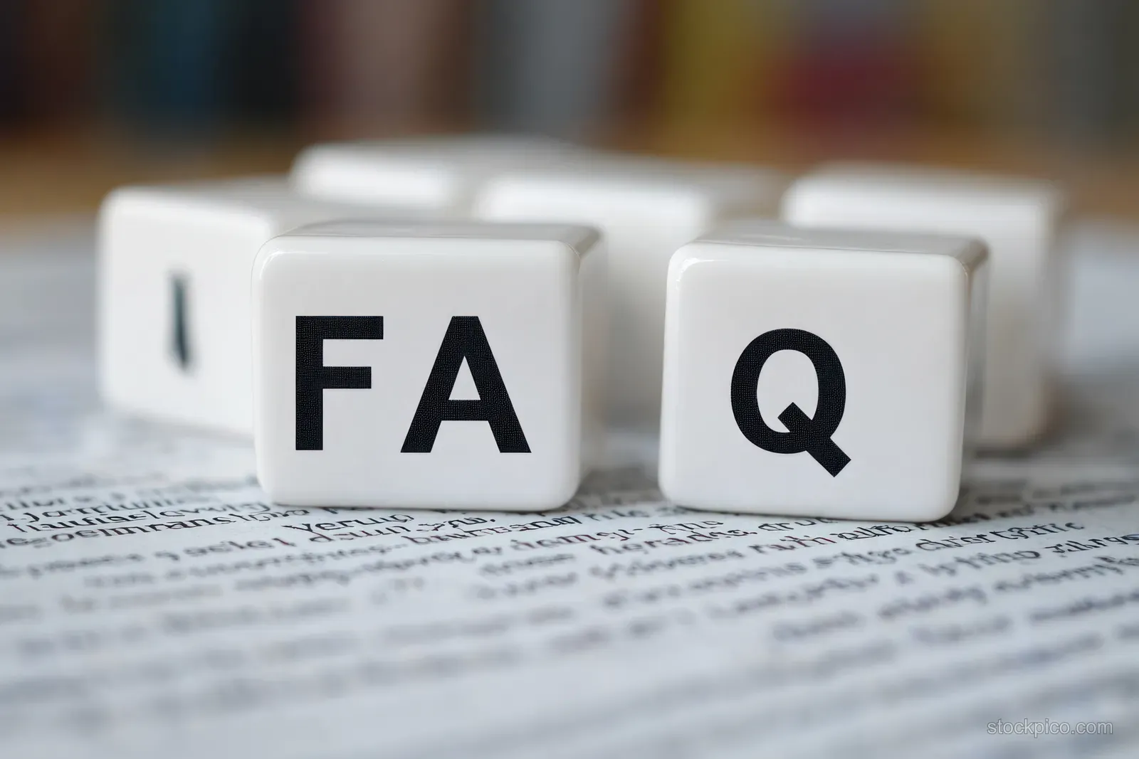 White FAQ dice cubes labeled FA and Q placed on a printed customer support page.