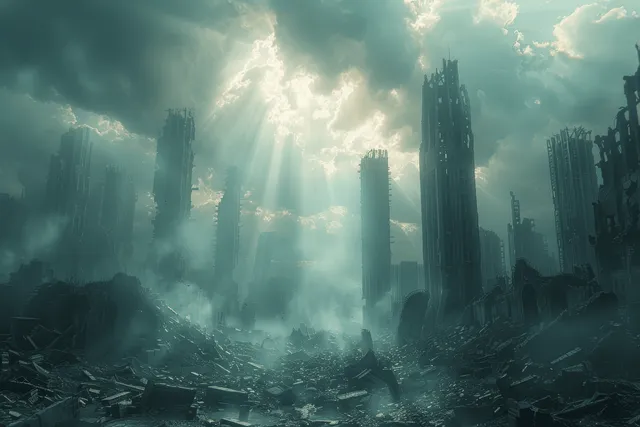 Ruined skyscrapers and rubble fill a post-apocalyptic city skyline beneath dramatic sun rays and dark clouds.