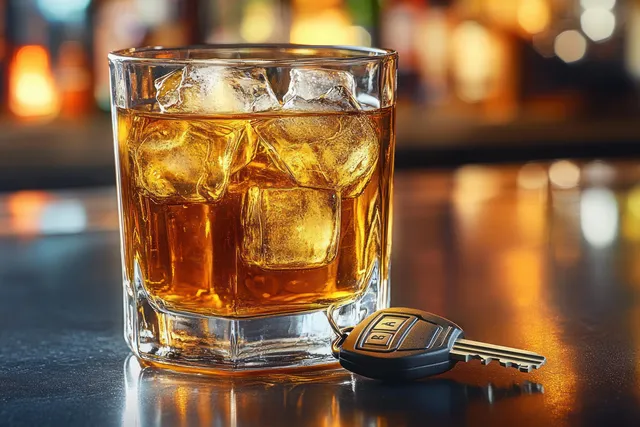 Amber whiskey with ice in a clear glass beside a car key on a reflective bar counter.