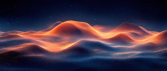 Glowing golden wavy lines ripple across a deep blue desert landscape under a starry night sky.