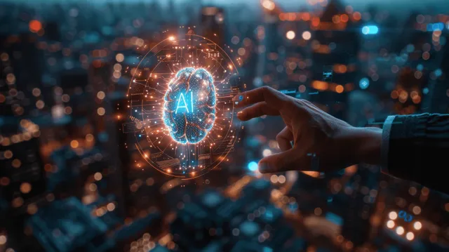 Hand touches glowing AI brain hologram over neon circuit board city skyline