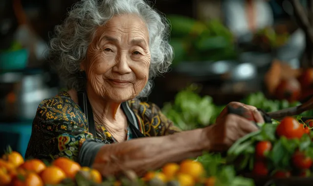Smiling senior woman chopping fresh vegetables at a kitchen counter with colorful produce in the background.