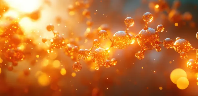 Warm golden 3D molecular structure cluster with glowing atoms and soft bokeh background.