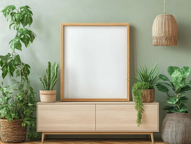 Blank wooden picture frame on a light cabinet surrounded by potted green plants in a minimalist room.