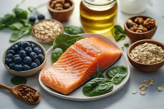 Raw salmon fillet on spinach with bowls of blueberries and walnuts, oats, and oil jar on a light background.