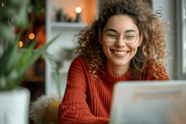 Smiling woman in red sweater taking notes on laptop during home online class
