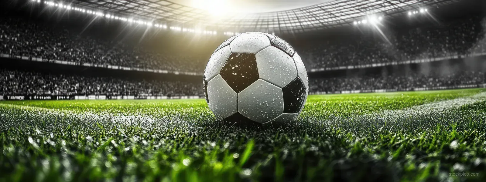 Wet black-and-white soccer ball on green grass with bright stadium lights and a blurred crowd behind.