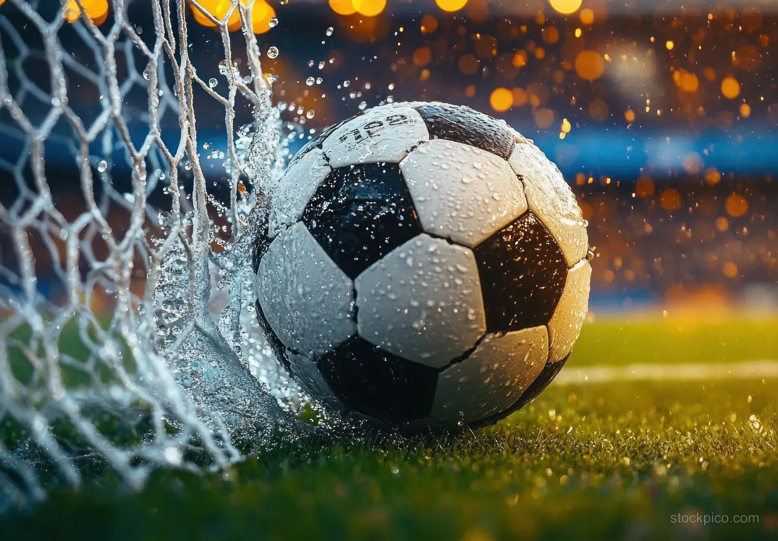 Wet soccer ball strikes the goal net with water droplets splashing on a grass field at night.