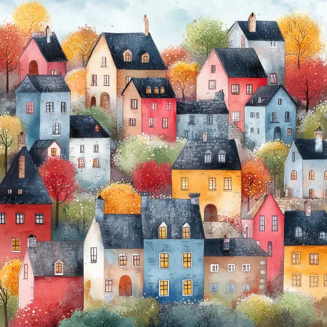 Watercolor illustration of clustered colorful village houses with varied dark rooftops and splashed sky colors.