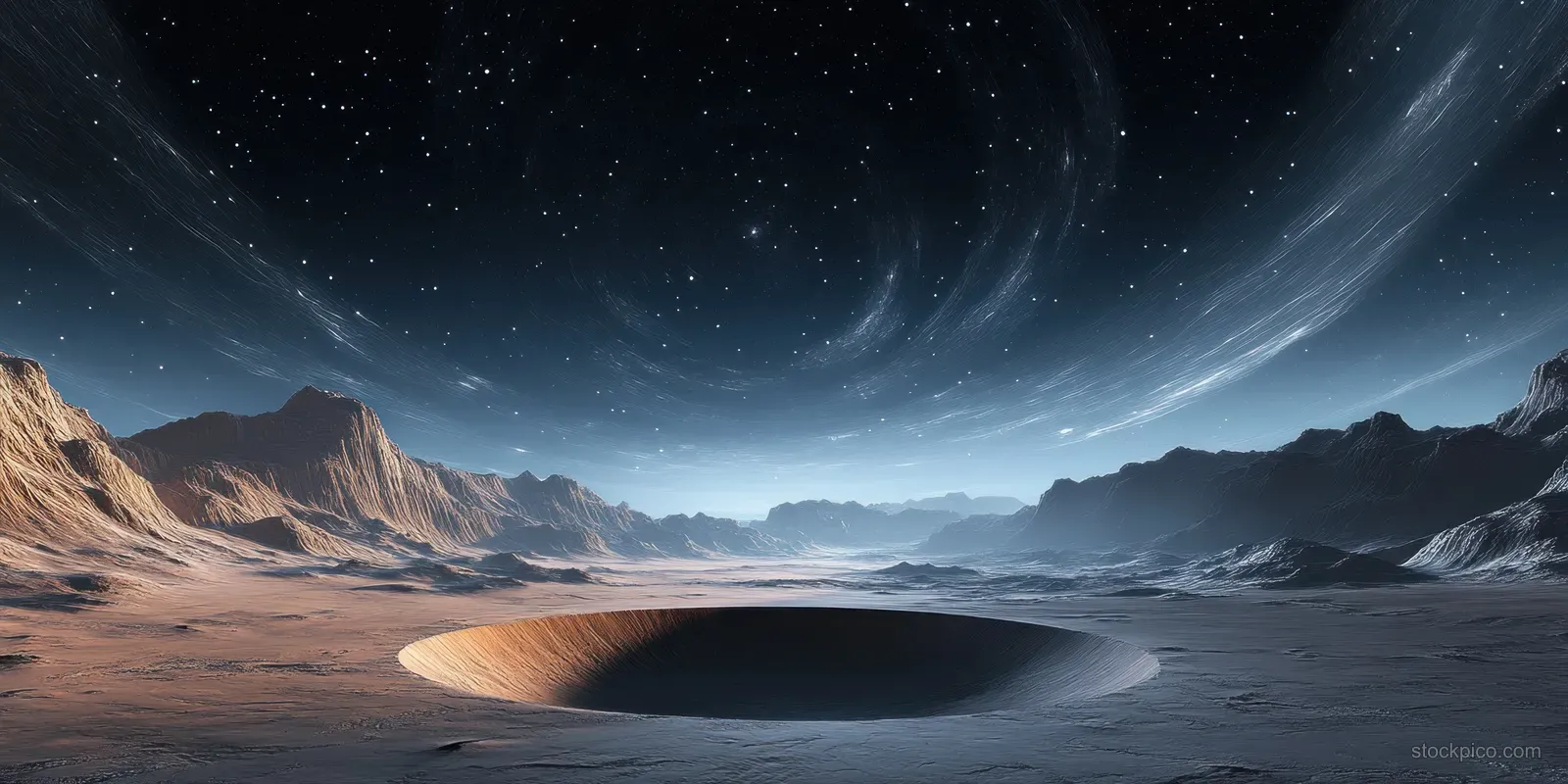 A surreal alien desert with glowing crater under moonlight, surrounded by starry cosmic sky and distant mountains.