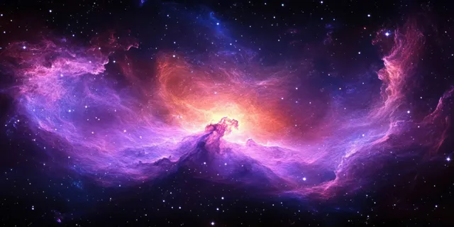 Purple and pink nebula gas clouds glow across a dark star-filled space panorama with bright streaks and wisps.