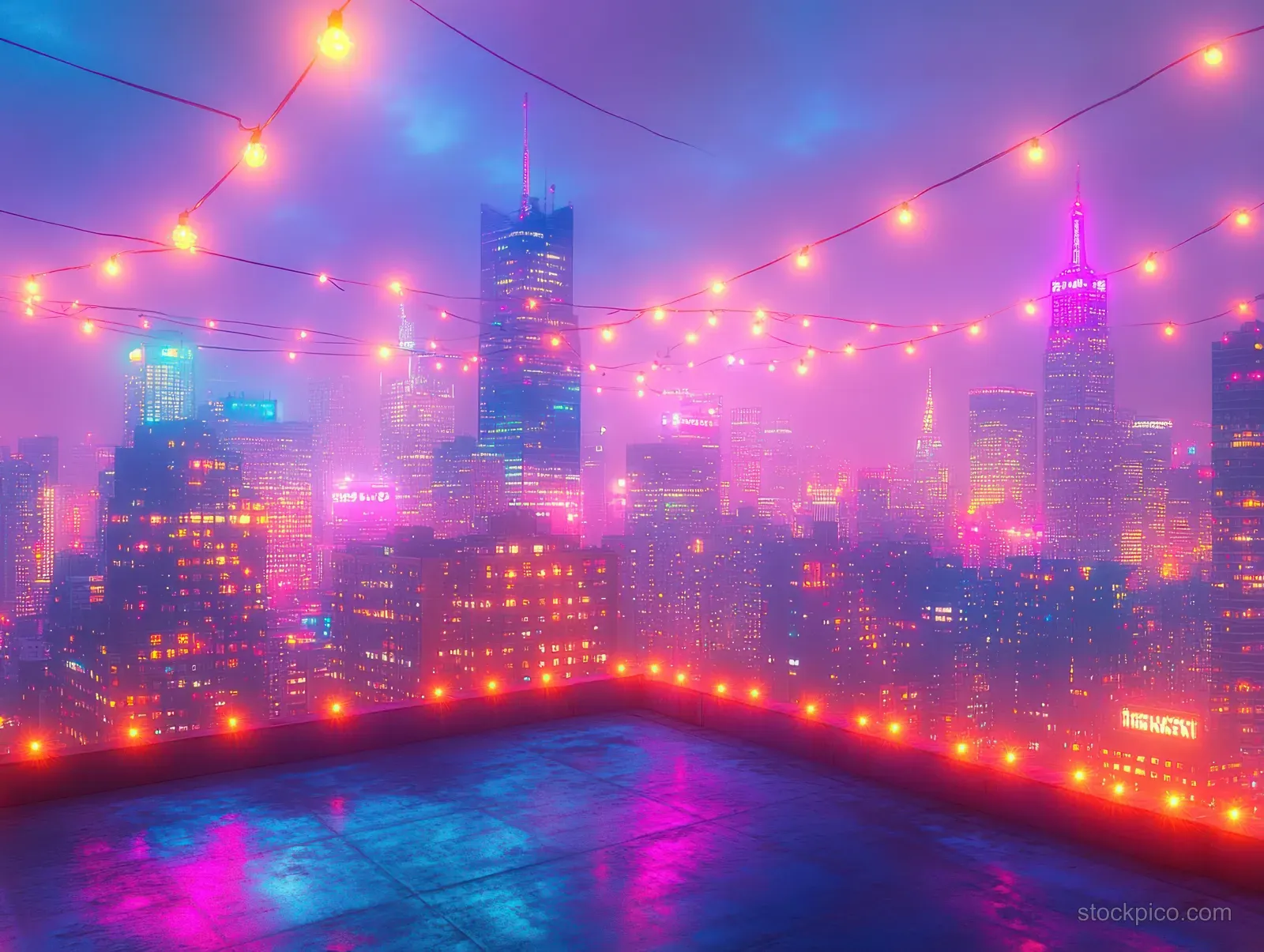 Illuminated skyscrapers rise behind a rooftop with colorful string lights at night.