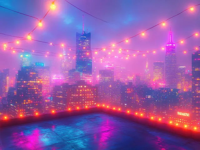 Illuminated skyscrapers rise behind a rooftop with colorful string lights at night.