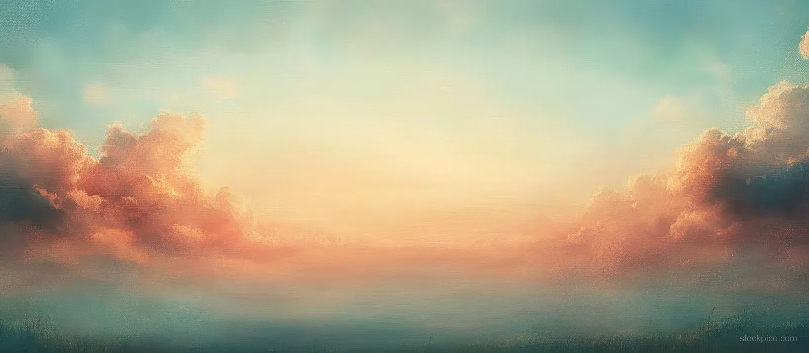 Pastel sunset clouds and warm horizon light spread over a grassy landscape with a calm sky.