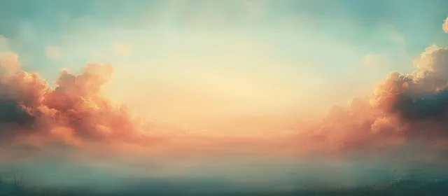 Pastel sunset clouds and warm horizon light spread over a grassy landscape with a calm sky.