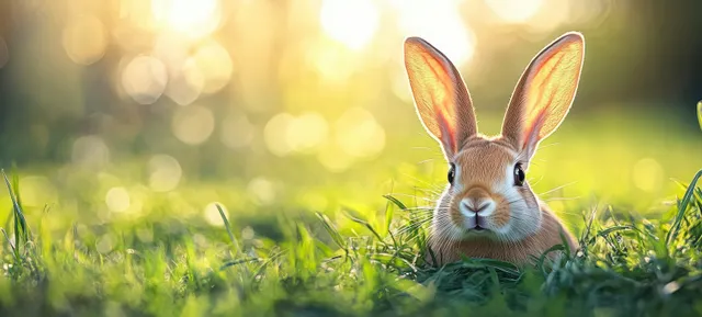 Brown rabbit sitting alertly in green grass with warm sunlit bokeh in the background.