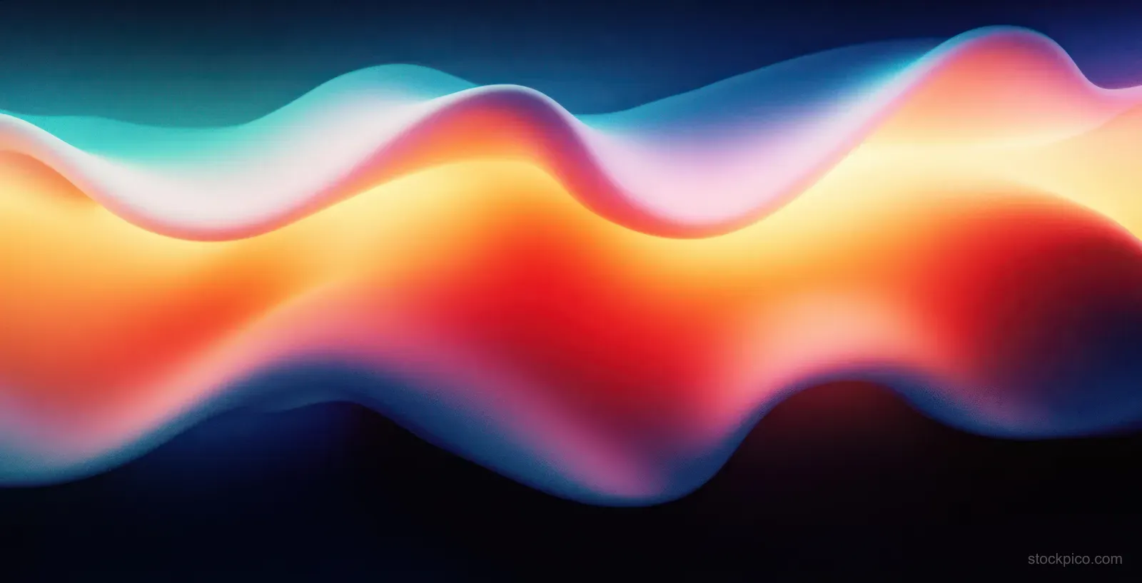 Neon colored abstract waves flow across a dark background in teal, orange, and blue gradients.