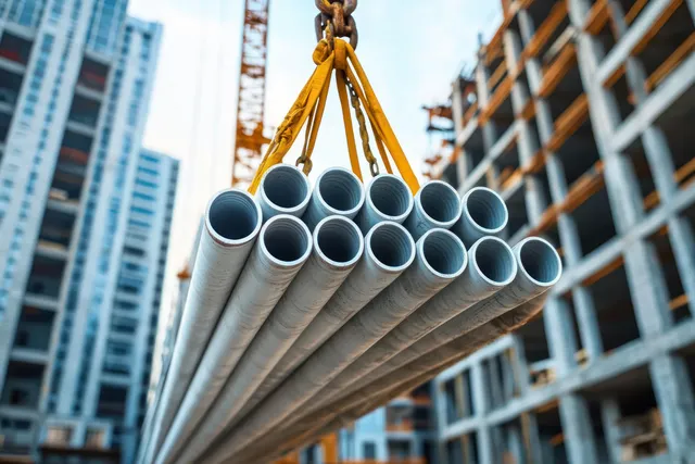 Crane lifts a bundled set of steel construction pipes on straps near skyscrapers
