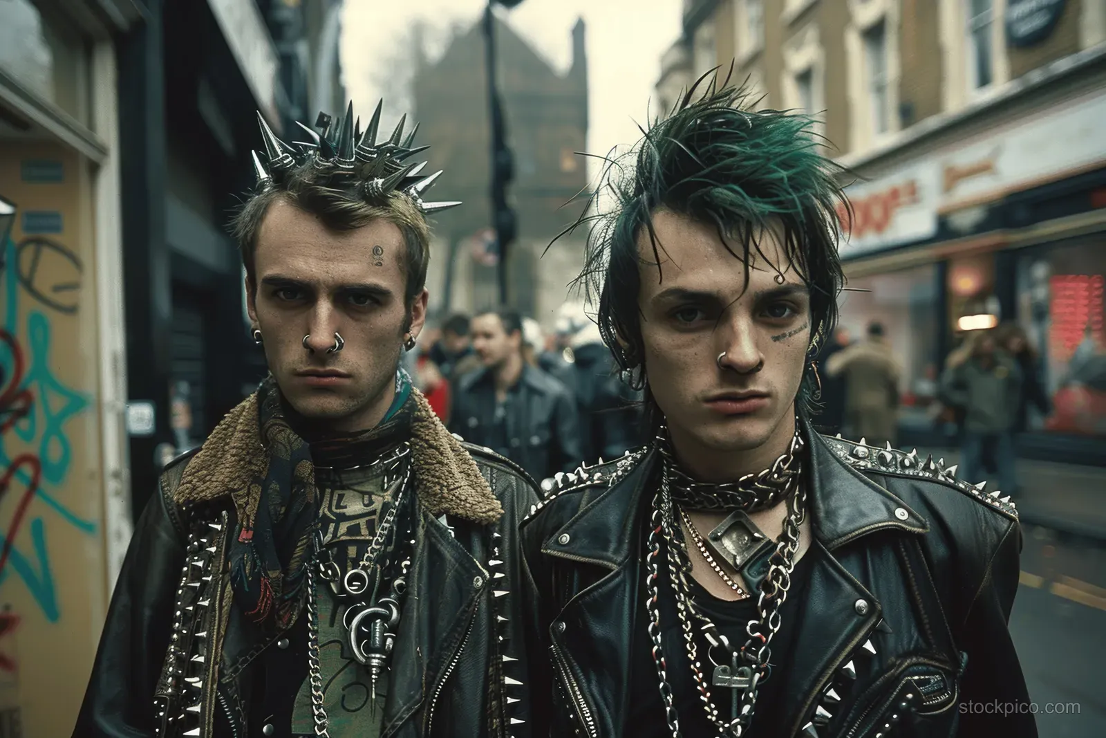 Two punk rockers in leather jackets with mohawks scowl on a 1970s London street.