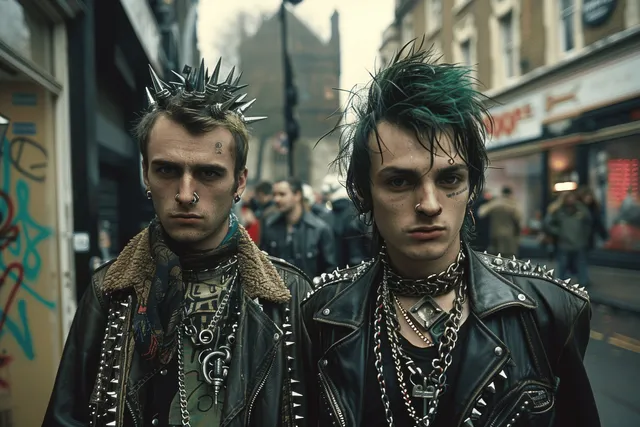 Two punk rockers in leather jackets with mohawks scowl on a 1970s London street.