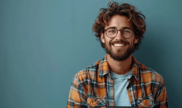Smiling man with glasses holding a tablet against a plain blue background.