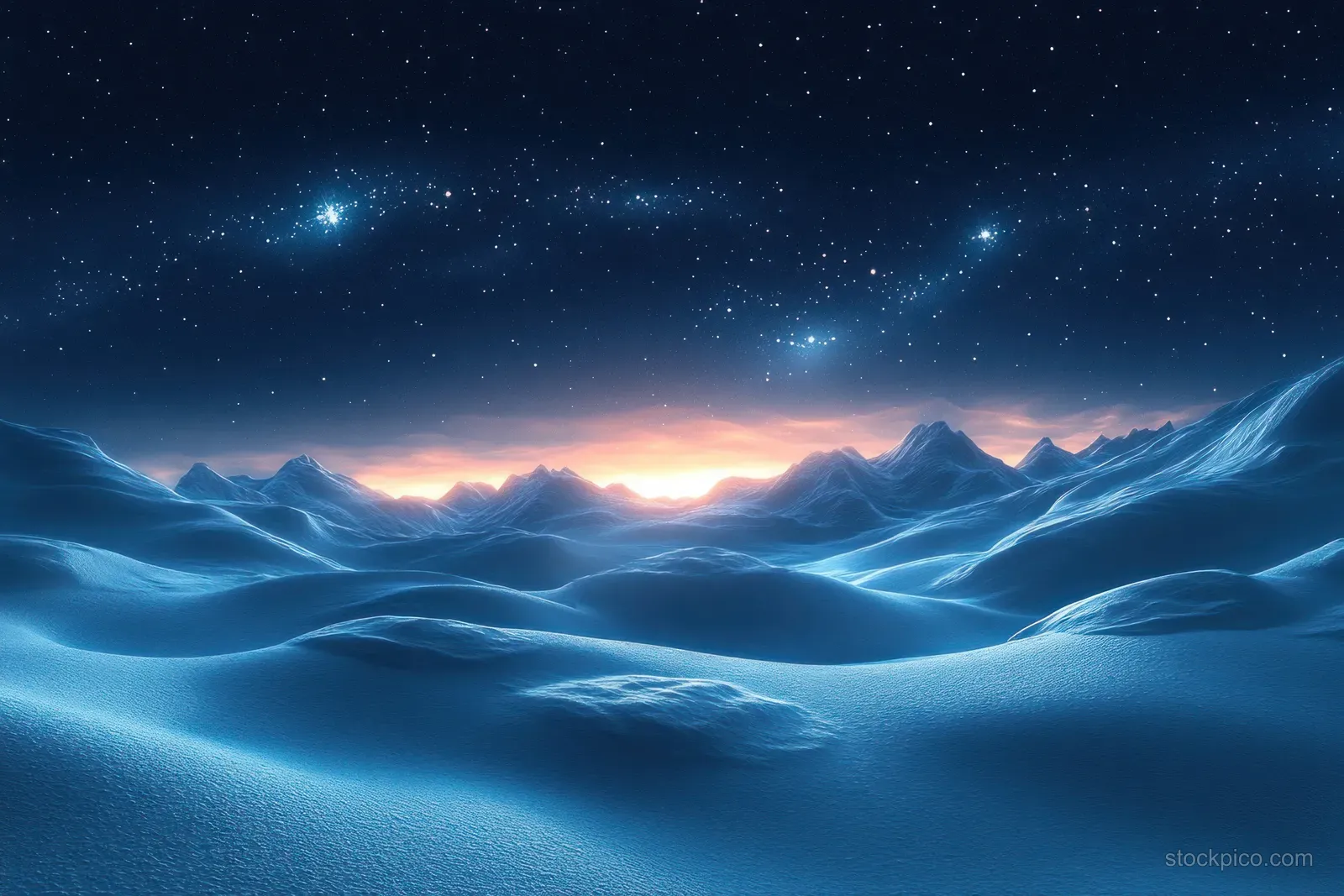 Snow-covered arctic hills roll under a dark starry sky with a faint glowing line on the horizon.