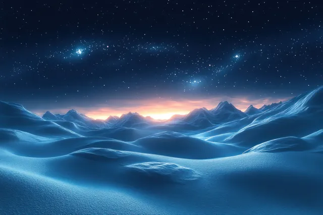 Snow-covered arctic hills roll under a dark starry sky with a faint glowing line on the horizon.