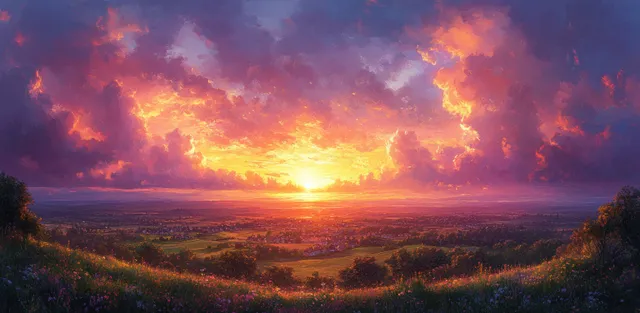 Sunset panorama with glowing clouds over rolling hills and a small village in the valley.