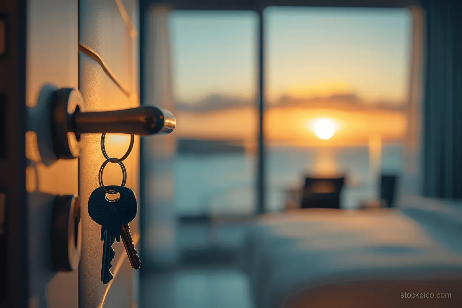 A key hangs from a door lock inside a modern room as a sunset ocean view blurs through the window.