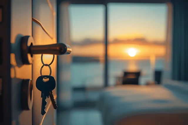 A key hangs from a door lock inside a modern room as a sunset ocean view blurs through the window.