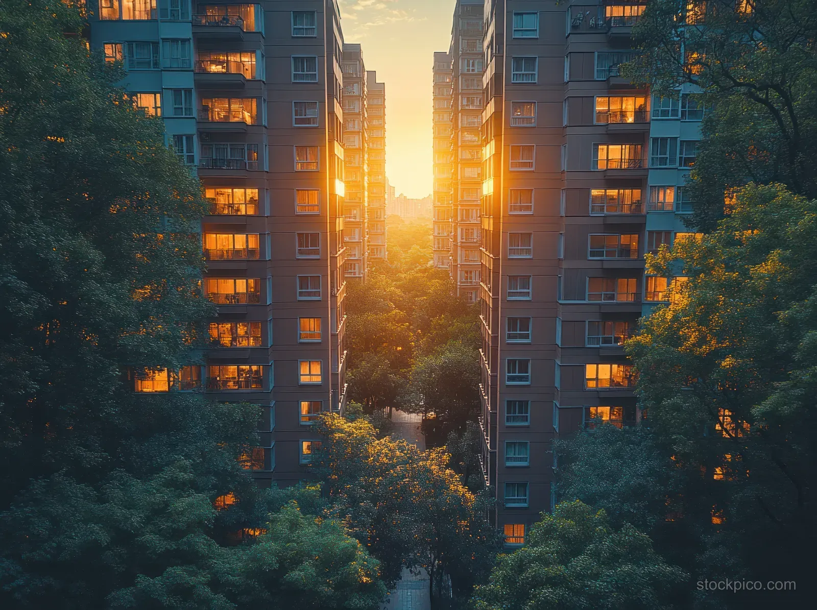 Golden sunset shines between high-rise apartment buildings in an urban development with cranes and trees.