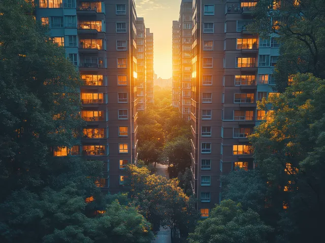 Golden sunset shines between high-rise apartment buildings in an urban development with cranes and trees.