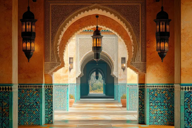 Moorish corridor with turquoise mosaic arches, hanging lanterns, and warm sunlight