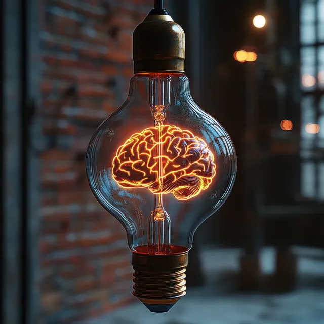 A vintage light bulb glows with a brain-shaped filament inside, lit against a warm blurred room background.