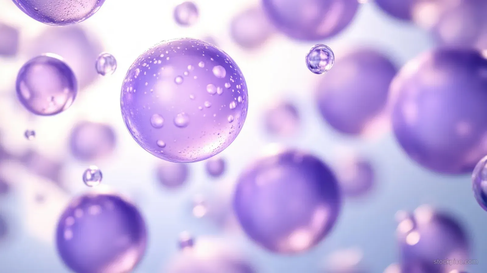 Lavender hyaluronic acid-like droplets float over a soft translucent gel background in macro lighting.