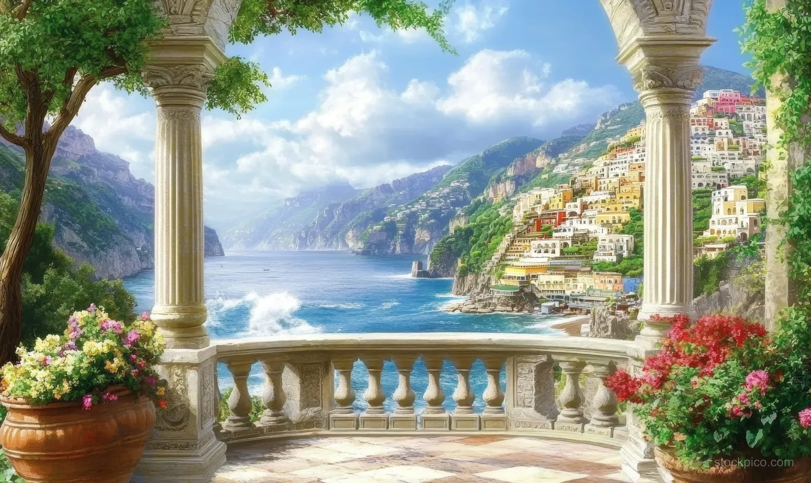 Positano coastal buildings viewed from a marble terrace balcony with flowers and turquoise sea below.