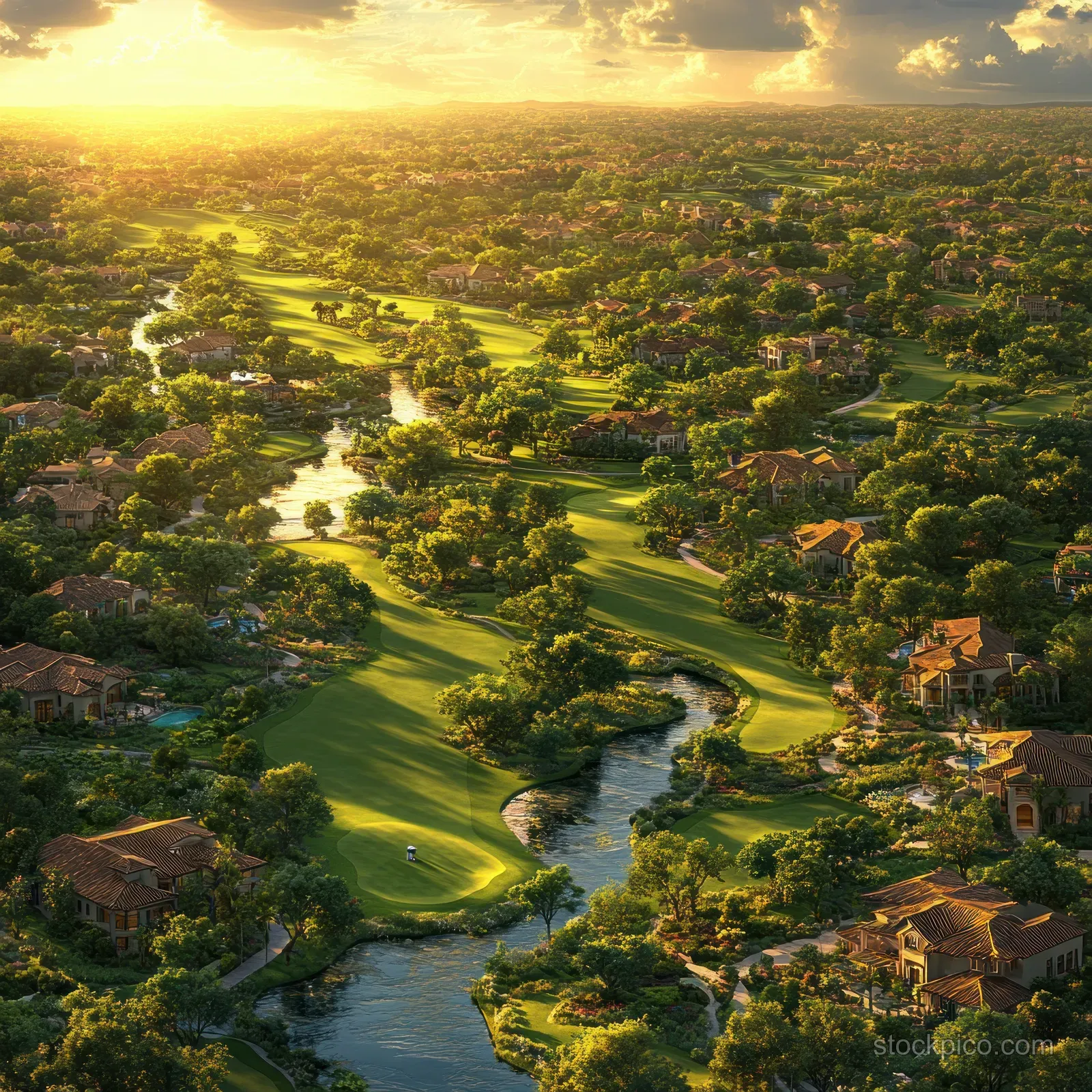 Aerial view illustration of a golf course with fairways, ponds, and luxury homes surrounded by dense trees.